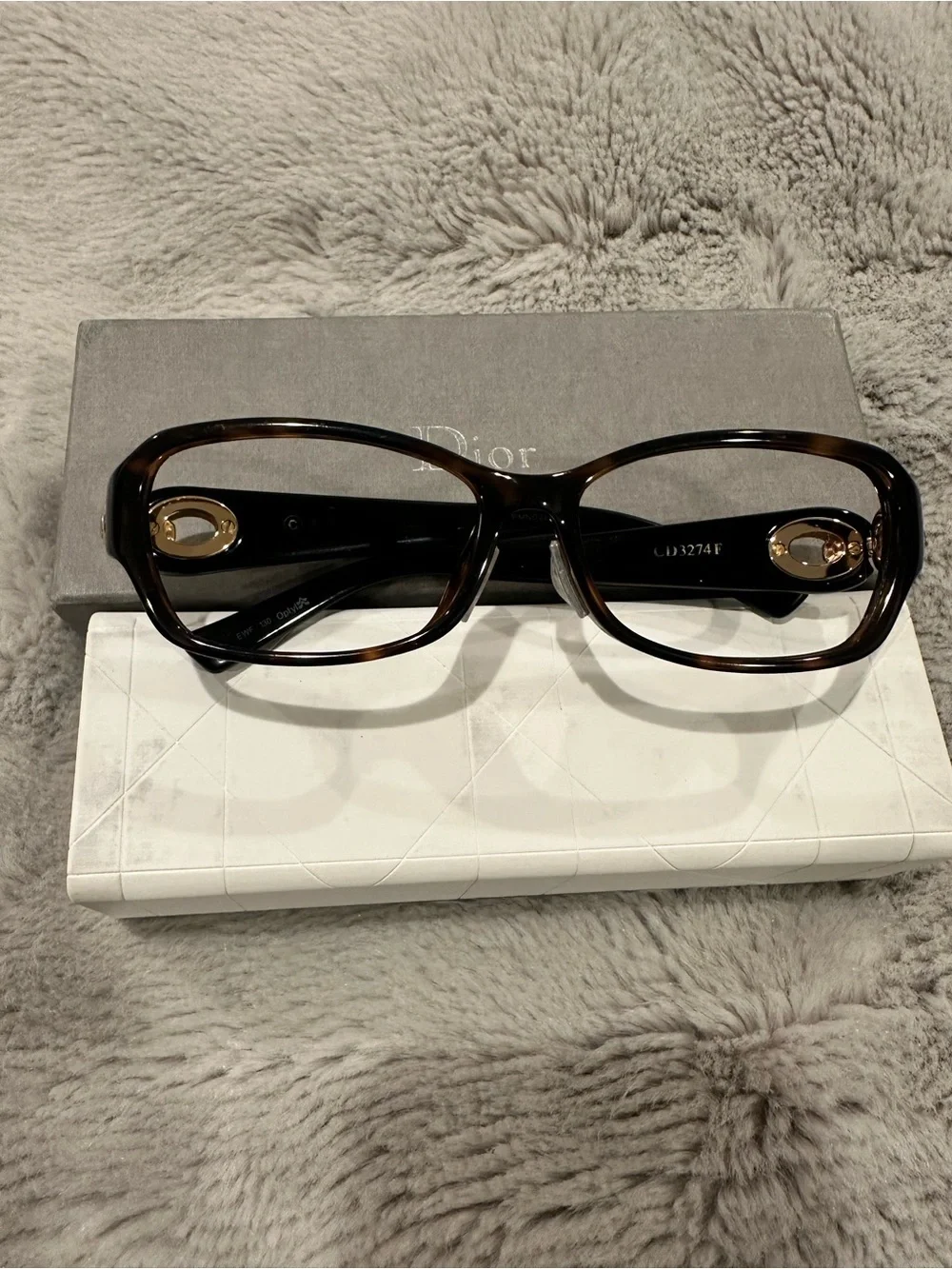 Dior Women's Dark Tortoiseshell Rectangle Optical Glasses with Gold Accents